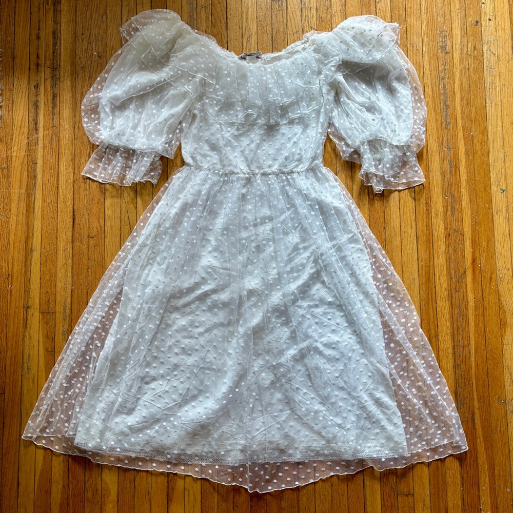 Vtg white Swiss dot puff sleeve midi wedding/bridal/engagement/elopement dress